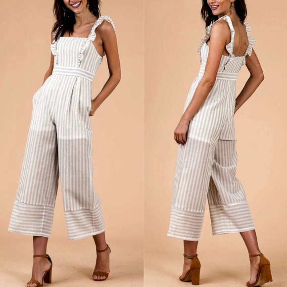 Bellanblue Pants - Boho Taupe Striped Ruffle Detail Wide leg Capri Jumpsuit